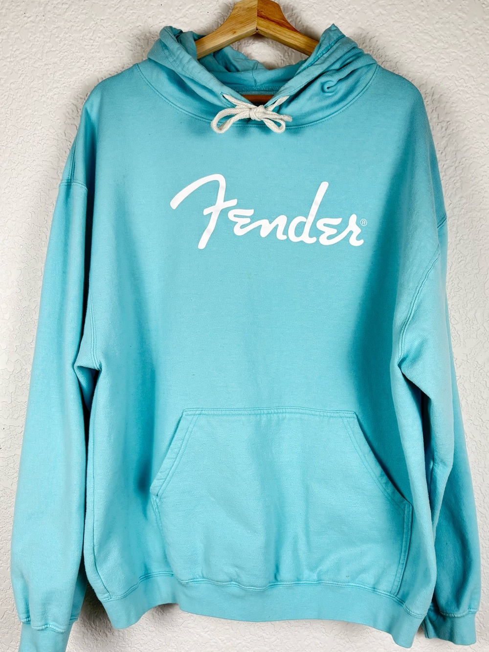 Fender String Logo Sweatshirt | Aqua Blue Pullover‎ Pocket Hoodie | XL